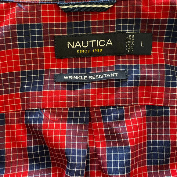 Nautica Wrinkle Resistant Long Sleeve Shirt LARGE Red & Blue Check Button Down - Picture 5 of 8